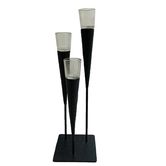 MCM Candelabra 3 Candle Holder Hammered Dimple Heavy Metal Tall Modern Century